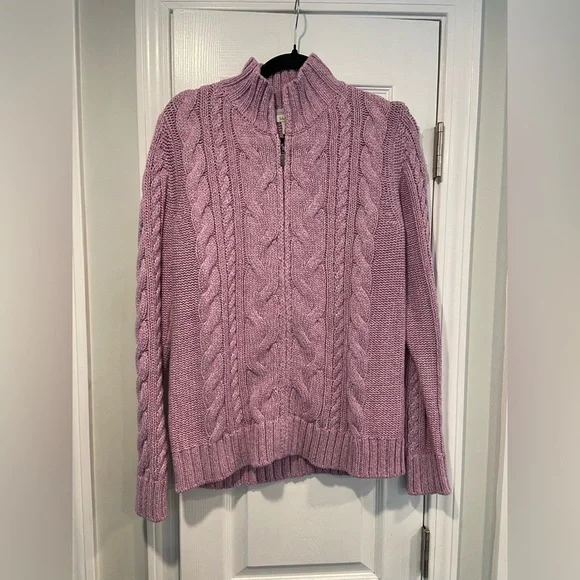 L.L. Bean Size M Lavender Long Sleeve Cable Knit Full Zip Mock Neck Cardigan - Picture 1 of 12